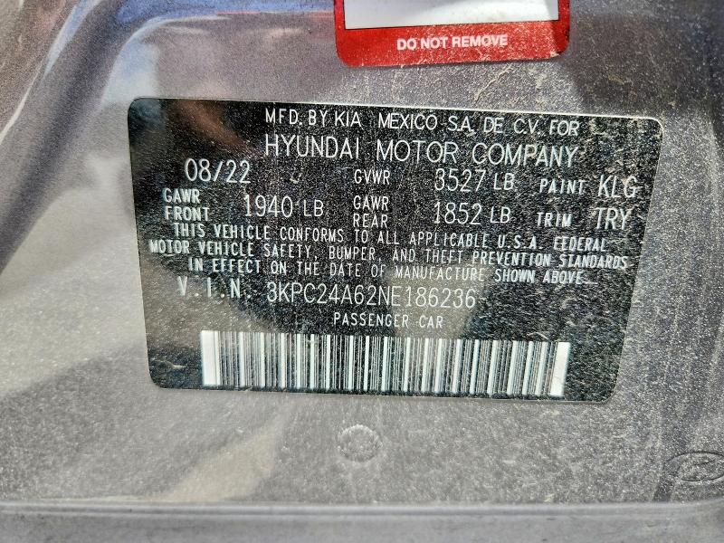 2022 Hyundai Accent მანქანა იყიდება აუქციონზე, vin: 3KPC24A62NE186236, აუქციონის ნომერი: 56544726
