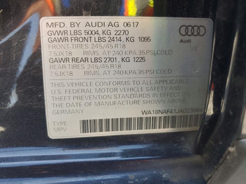 2018 Audi A4 Allroad მანქანა იყიდება აუქციონზე, vin: WA18NAF41JA023684, აუქციონის ნომერი: 73342255