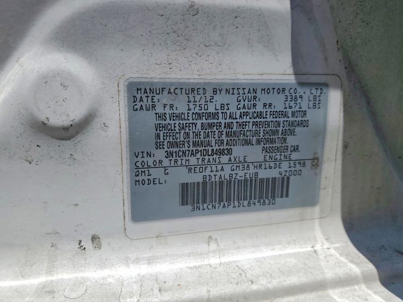 2013 Nissan Versa მანქანა იყიდება აუქციონზე, vin: 3N1CN7AP1DL849830, აუქციონის ნომერი: 55162456