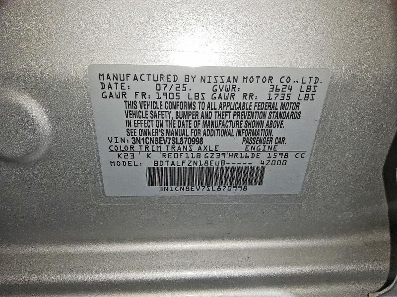 Aukcja sprzedaży 2025 Nissan Versa, vin: 3N1CN8EV7SL870998, numer aukcji: 56809346