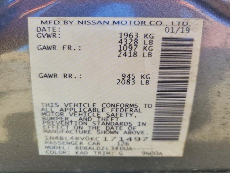 Aukcja sprzedaży 2019 Nissan Altima, vin: 1N4BL4BV0KC171497, numer aukcji: 55926466