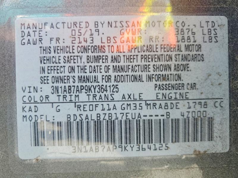2019 Nissan Sentra მანქანა იყიდება აუქციონზე, vin: 3N1AB7AP9KY364125, აუქციონის ნომერი: 57192446