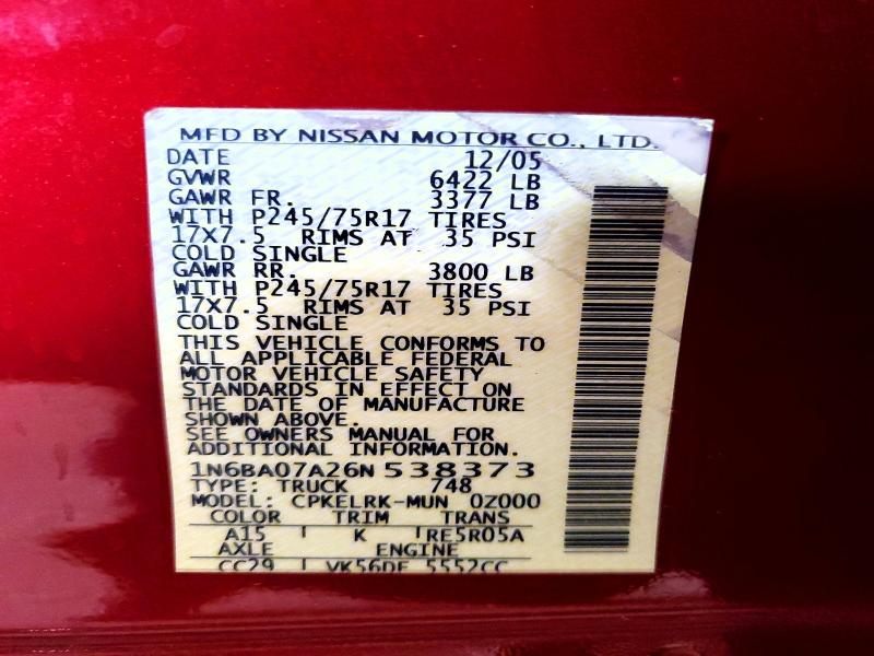 2006 Nissan Titan მანქანა იყიდება აუქციონზე, vin: 1N6BA07A26N538373, აუქციონის ნომერი: 58993766