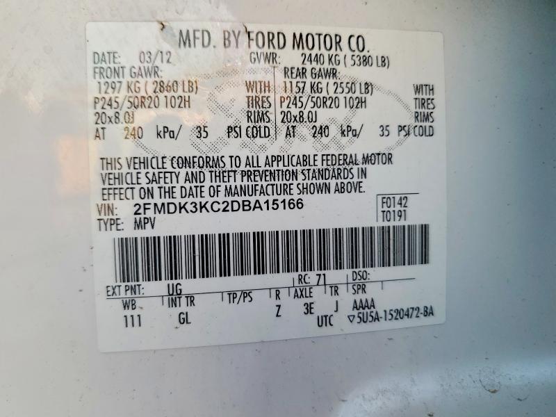56654596 :رقم المزاد ، 2FMDK3KC2DBA15166 vin ، 2013 Ford Edge مزاد بيع