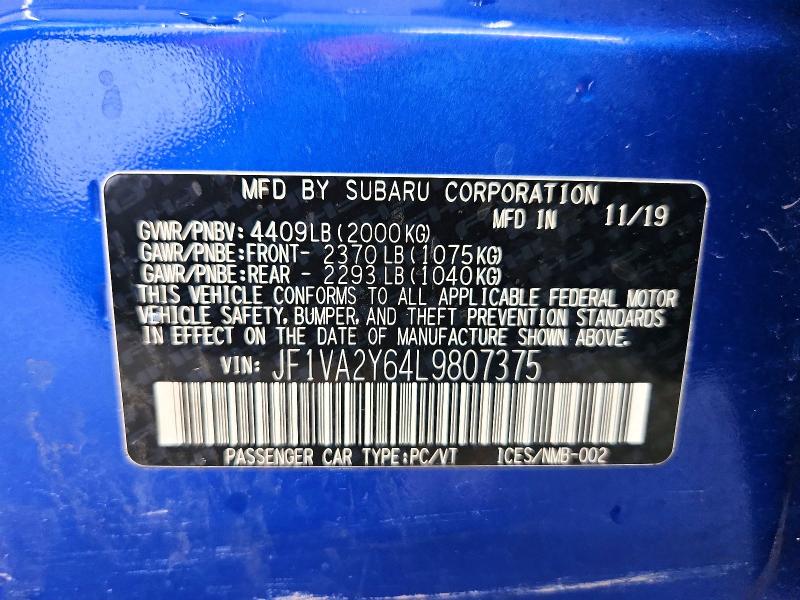 56477036 :رقم المزاد ، JF1VA2Y64L9807375 vin ، 2020 Subaru Wrx مزاد بيع
