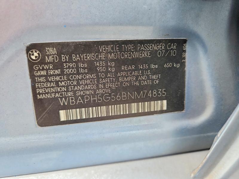 2011 Bmw 328 მანქანა იყიდება აუქციონზე, vin: WBAPH5G56BNM74835, აუქციონის ნომერი: 56174206