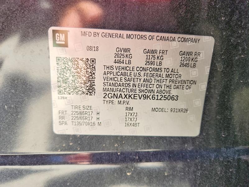 58616086 :رقم المزاد ، 2GNAXKEV9K6125063 vin ، 2019 Chevrolet Equinox مزاد بيع