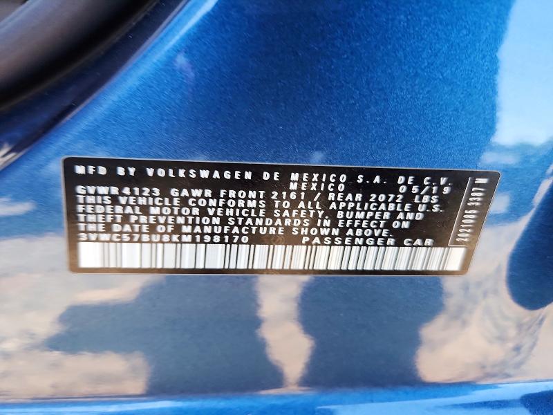 54070676 :رقم المزاد ، 3VWC57BU8KM198170 vin ، 2019 Volkswagen Jetta مزاد بيع