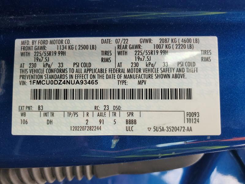 Продажа на аукционе авто 2022 Ford Escape, vin: 1FMCU0DZ4NUA93465, номер лота: 56650706