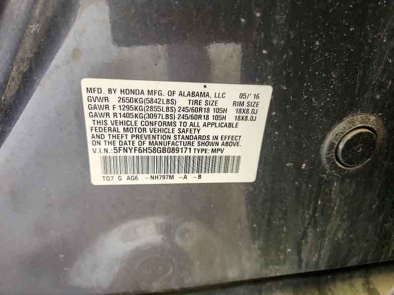 2016 Honda Pilot მანქანა იყიდება აუქციონზე, vin: 5FNYF6H58GB089171, აუქციონის ნომერი: 57354026