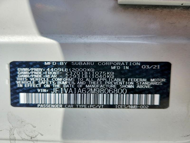 Aukcja sprzedaży 2021 Subaru Wrx, vin: JF1VA1A62M9806800, numer aukcji: 58509566