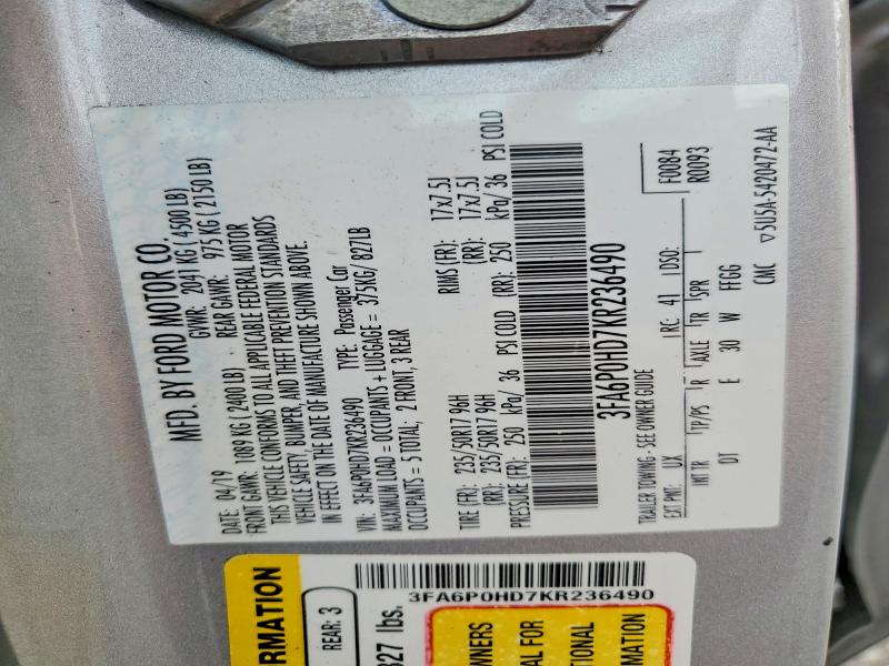 Продаж на аукціоні авто 2019 Ford Fusion, vin: 3FA6P0HD7KR236490, номер лоту: 55298456