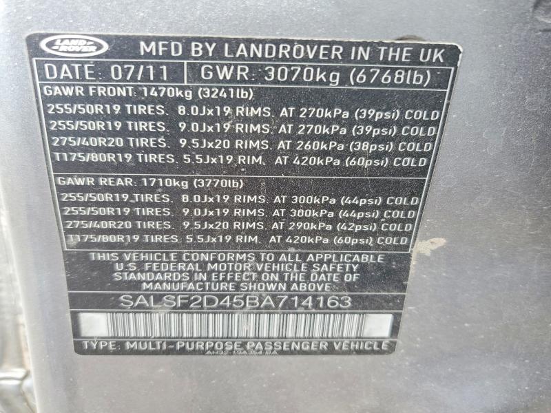 2011 Land Rover Range Rover Sport მანქანა იყიდება აუქციონზე, vin: SALSF2D45BA714163, აუქციონის ნომერი: 51553426