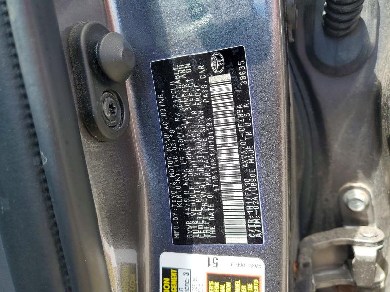 2018 Toyota Camry მანქანა იყიდება აუქციონზე, vin: 4T1B11HK1JU104293, აუქციონის ნომერი: 57718316