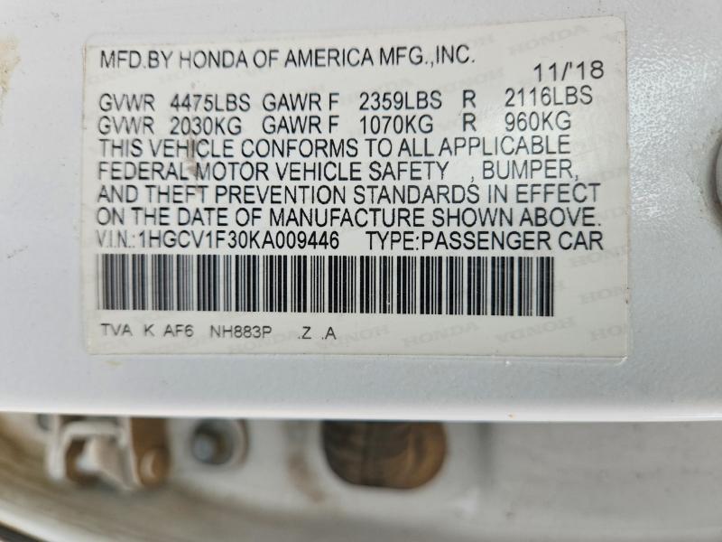 Продажа на аукционе авто 2019 Honda Accord, vin: 1HGCV1F30KA009446, номер лота: 56787446
