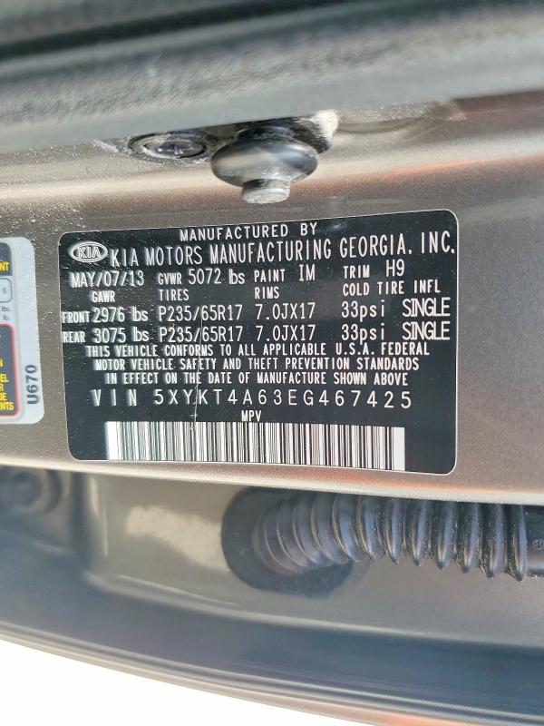 Продажа на аукционе авто 2014 Kia Sorento, vin: 5XYKT4A63EG467425, номер лота: 56797036