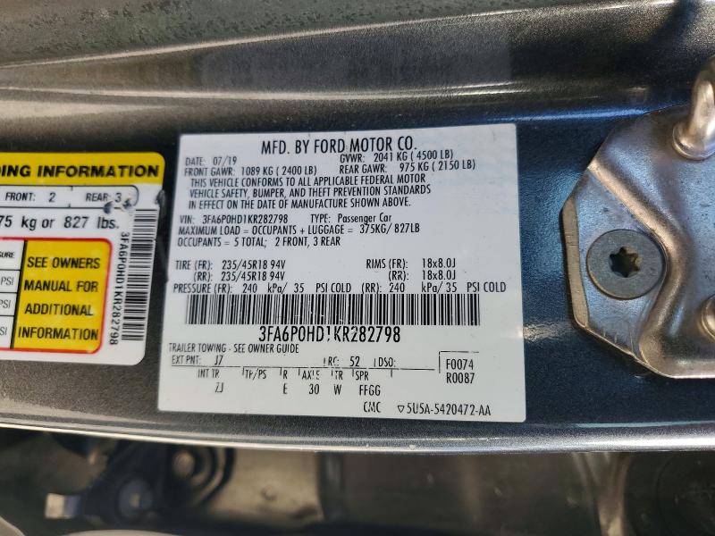 Продаж на аукціоні авто 2019 Ford Fusion, vin: 3FA6P0HD1KR282798, номер лоту: 57144406