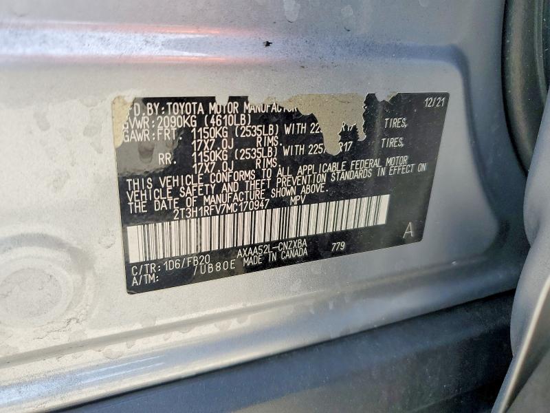 2021 Toyota Rav4 მანქანა იყიდება აუქციონზე, vin: 2T3H1RFV7MC170947, აუქციონის ნომერი: 56639666