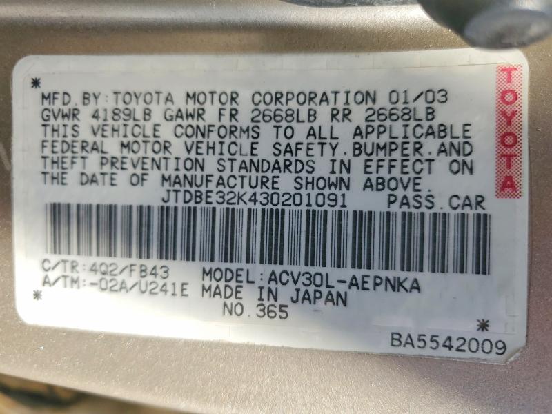 2003 Toyota Camry მანქანა იყიდება აუქციონზე, vin: JTDBE32K430201091, აუქციონის ნომერი: 58473856