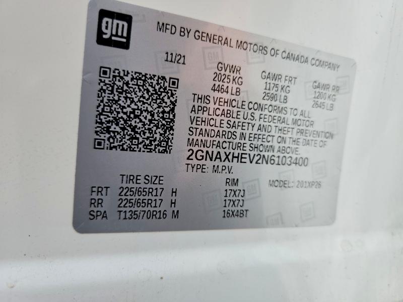 59012846 :رقم المزاد ، 2GNAXHEV2N6103400 vin ، 2022 Chevrolet Equinox مزاد بيع