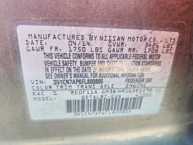 55144946 :رقم المزاد ، 3N1CN7AP6FL800805 vin ، 2015 Nissan Versa مزاد بيع