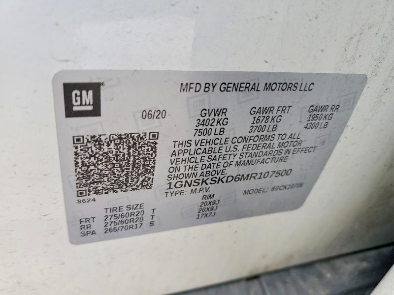 Продаж на аукціоні авто 2021 Chevrolet Tahoe, vin: 1GNSKSKD6MR107500, номер лоту: 56953906