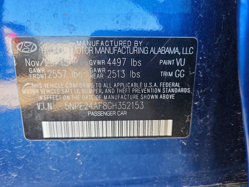 2016 Hyundai Sonata მანქანა იყიდება აუქციონზე, vin: 5NPE24AF8GH352153, აუქციონის ნომერი: 57358636