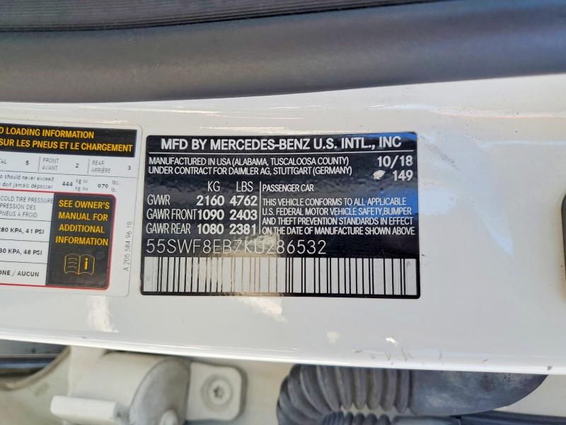 2019 Mercedes-benz C მანქანა იყიდება აუქციონზე, vin: 55SWF8EB7KU286532, აუქციონის ნომერი: 58362106