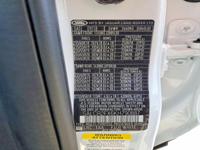Aukcja sprzedaży 2019 Land Rover Discovery Sport, vin: SALCR2FX6KH790887, numer aukcji: 59074036