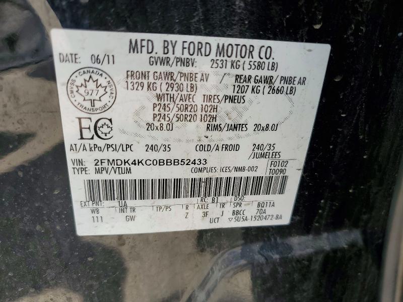 2011 Ford Edge მანქანა იყიდება აუქციონზე, vin: 2FMDK4KC0BBB52433, აუქციონის ნომერი: 57002456