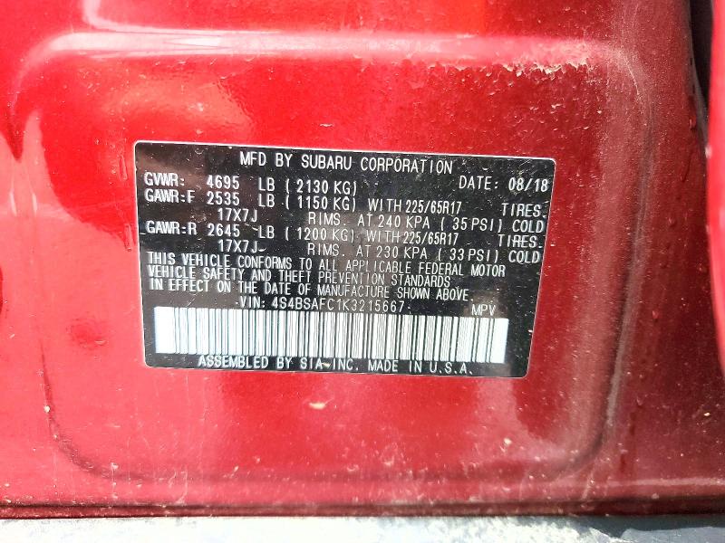 2019 Subaru Outback მანქანა იყიდება აუქციონზე, vin: 4S4BSAFC1K3215667, აუქციონის ნომერი: 58983306