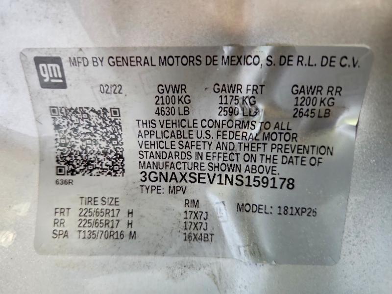 56437976 :رقم المزاد ، 3GNAXSEV1NS159178 vin ، 2022 Chevrolet Equinox مزاد بيع