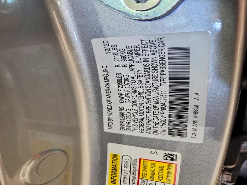 Aukcja sprzedaży 2021 Honda Accord, vin: 1HGCV1F16MA029511, numer aukcji: 57239866