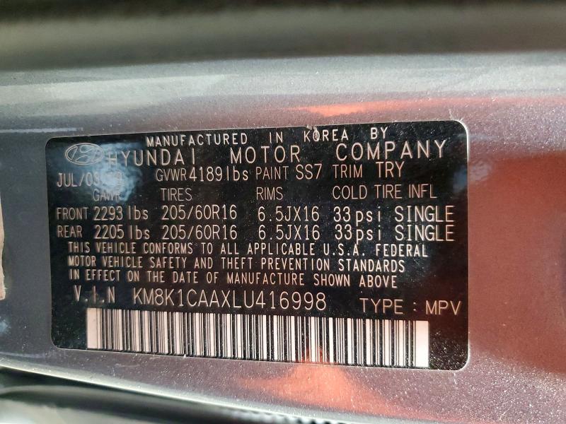 2020 Hyundai Kona მანქანა იყიდება აუქციონზე, vin: KM8K1CAAXLU416998, აუქციონის ნომერი: 58007636