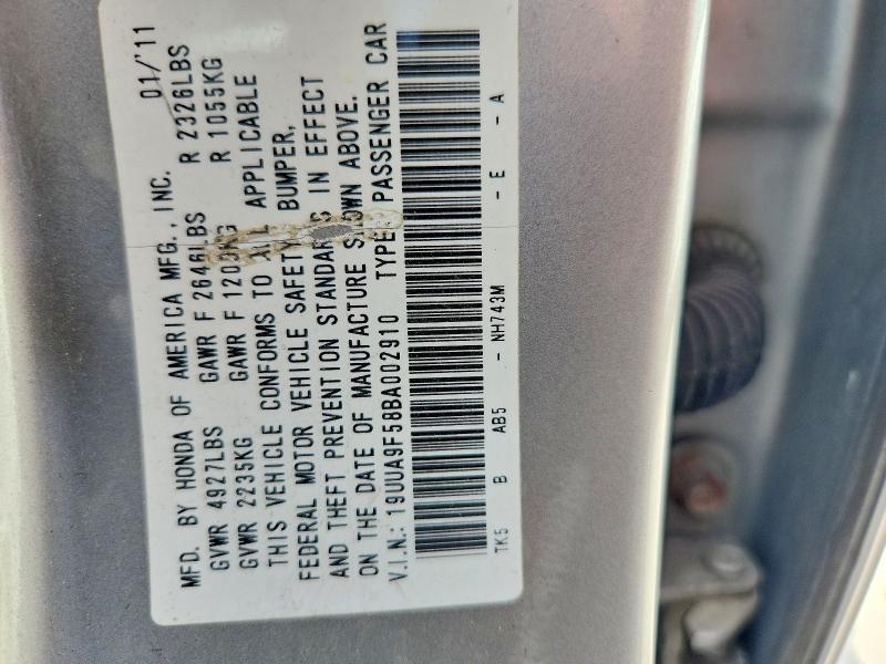 56243186 :رقم المزاد ، 19UUA9F58BA002910 vin ، 2011 Acura Tl مزاد بيع