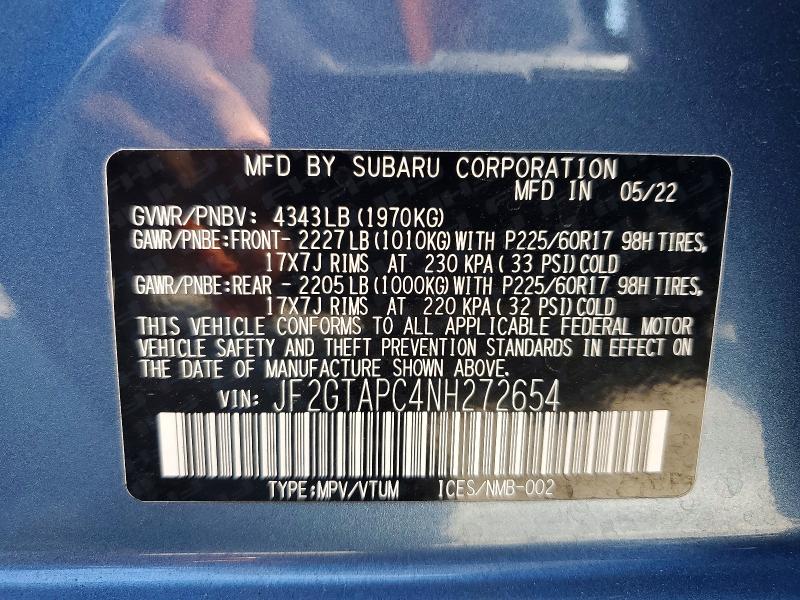 Продаж на аукціоні авто 2022 Subaru Crosstrek, vin: JF2GTAPC4NH272654, номер лоту: 58570636