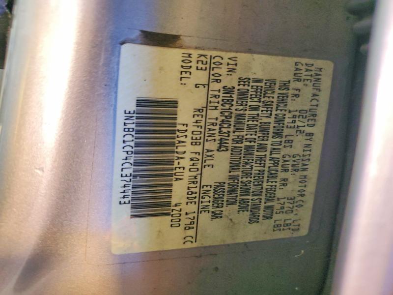 2012 Nissan Versa მანქანა იყიდება აუქციონზე, vin: 3N1BC1CP4CL374443, აუქციონის ნომერი: 55802146