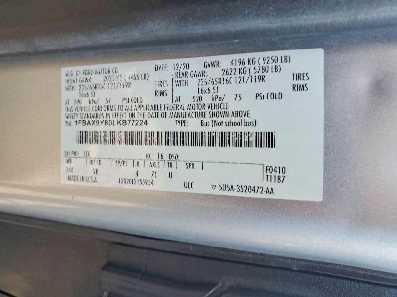 Продажа на аукционе авто 2020 Ford Transit, vin: 1FBAX9Y80LKB77224, номер лота: 58887346