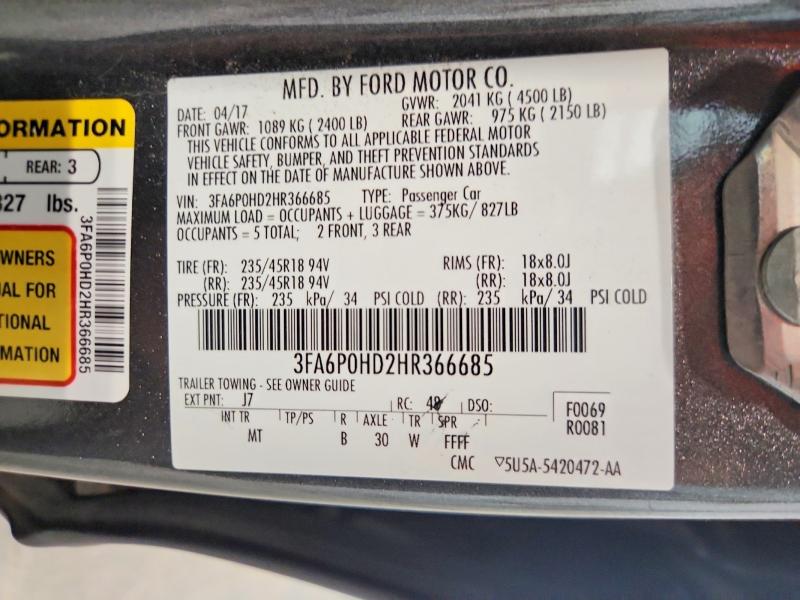 Продаж на аукціоні авто 2017 Ford Fusion, vin: 3FA6P0HD2HR366685, номер лоту: 58037596
