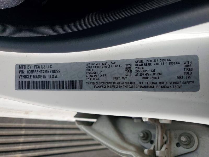 2021 Ram 1500 მანქანა იყიდება აუქციონზე, vin: 1C6RREHT4MN710222, აუქციონის ნომერი: 57178906