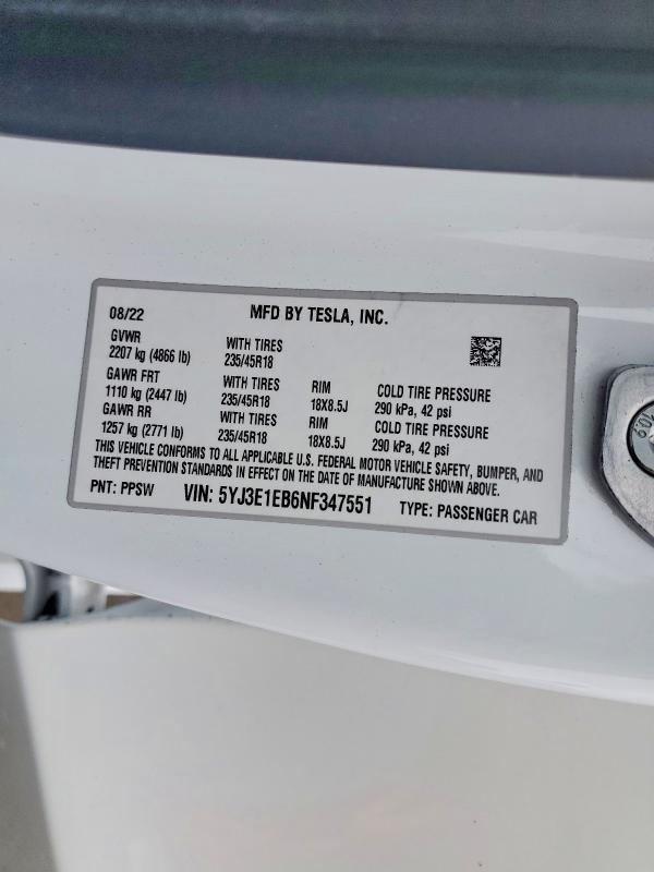 Aukcja sprzedaży 2022 Tesla Model 3, vin: 5YJ3E1EB6NF347551, numer aukcji: 57955936