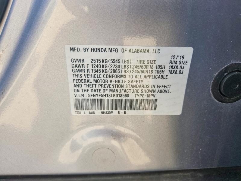 Продажа на аукционе авто 2020 Honda Pilot, vin: 5FNYF5H18LB018568, номер лота: 58193836