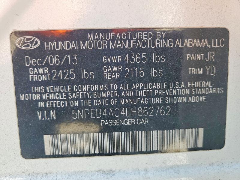 2014 Hyundai Sonata მანქანა იყიდება აუქციონზე, vin: 5NPEB4AC4EH862762, აუქციონის ნომერი: 57435406
