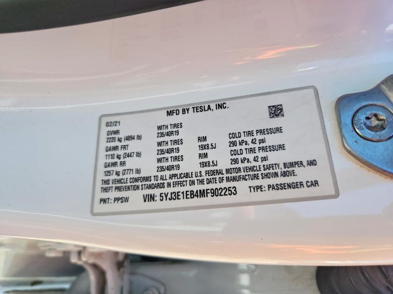 54702166 :رقم المزاد ، 5YJ3E1EB4MF902253 vin ، 2021 Tesla Model 3 مزاد بيع