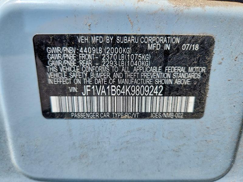 58529706 :رقم المزاد ، JF1VA1B64K9809242 vin ، 2019 Subaru Wrx مزاد بيع