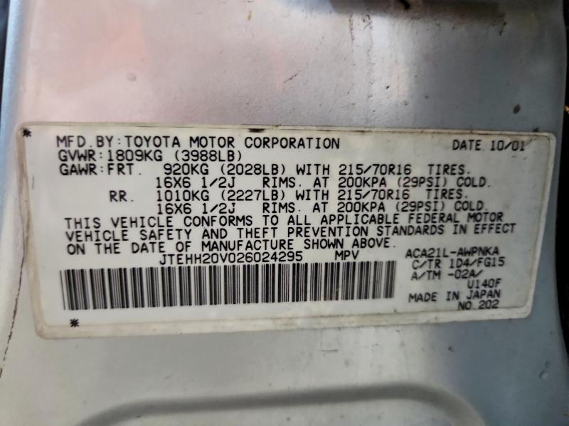 Aukcja sprzedaży 2002 Toyota Rav4, vin: JTEHH20V026024295, numer aukcji: 58990036
