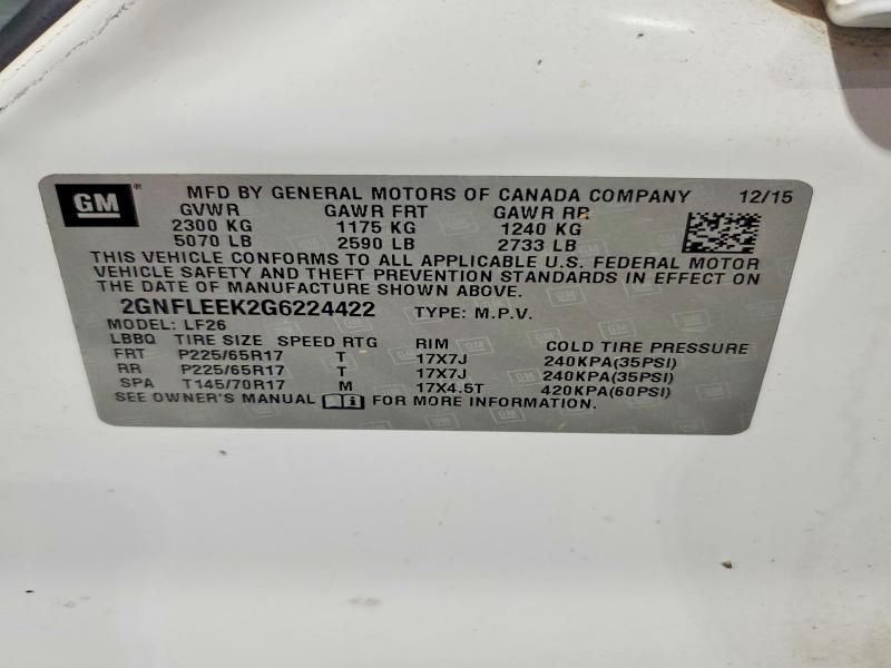 Aukcja sprzedaży 2016 Chevrolet Equinox, vin: 2GNFLEEK2G6224422, numer aukcji: 56628986