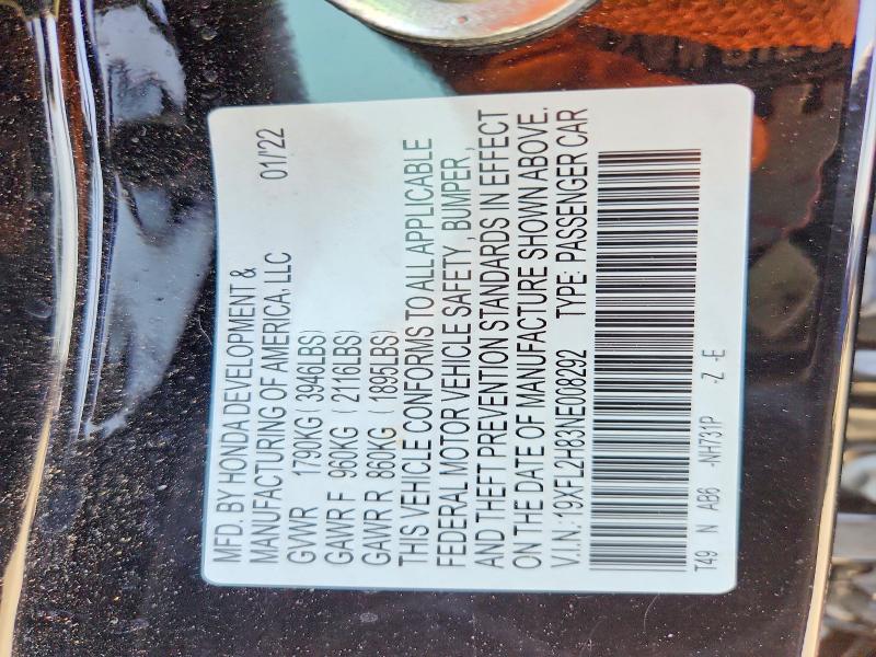 2022 Honda Civic მანქანა იყიდება აუქციონზე, vin: 19XFL2H83NE008292, აუქციონის ნომერი: 55770396