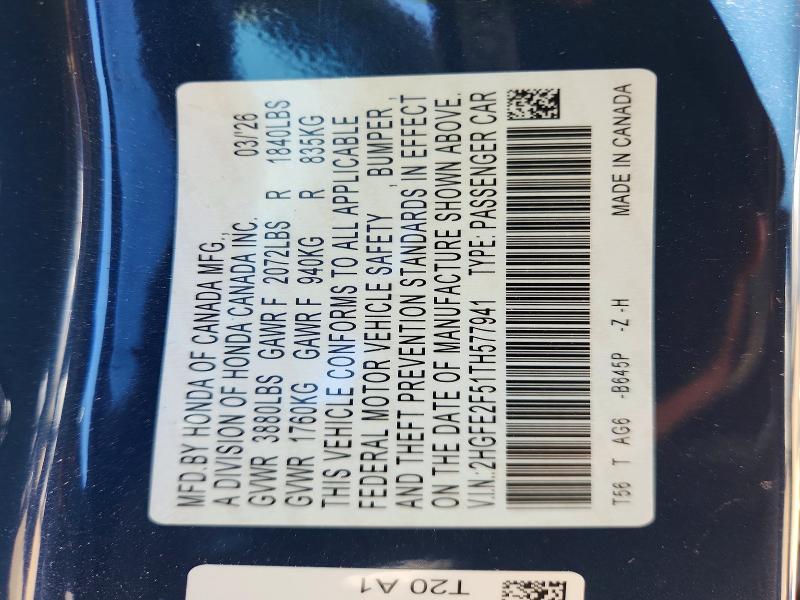 2026 Honda Civic მანქანა იყიდება აუქციონზე, vin: 2HGFE2F51TH577941, აუქციონის ნომერი: 58093716