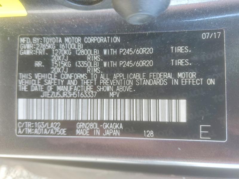2017 Toyota 4runner მანქანა იყიდება აუქციონზე, vin: JTEZU5JR3H5163337, აუქციონის ნომერი: 56665226